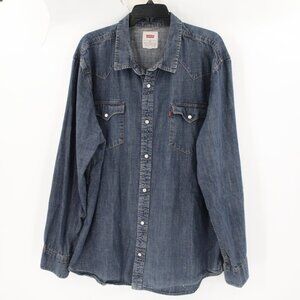 levis denim shirt men's 2XL western long sleeve pearl snap blue cotton cowboy